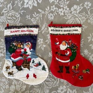 Vintage set of 2 Fabric 1970s Christmas Stockings Santa